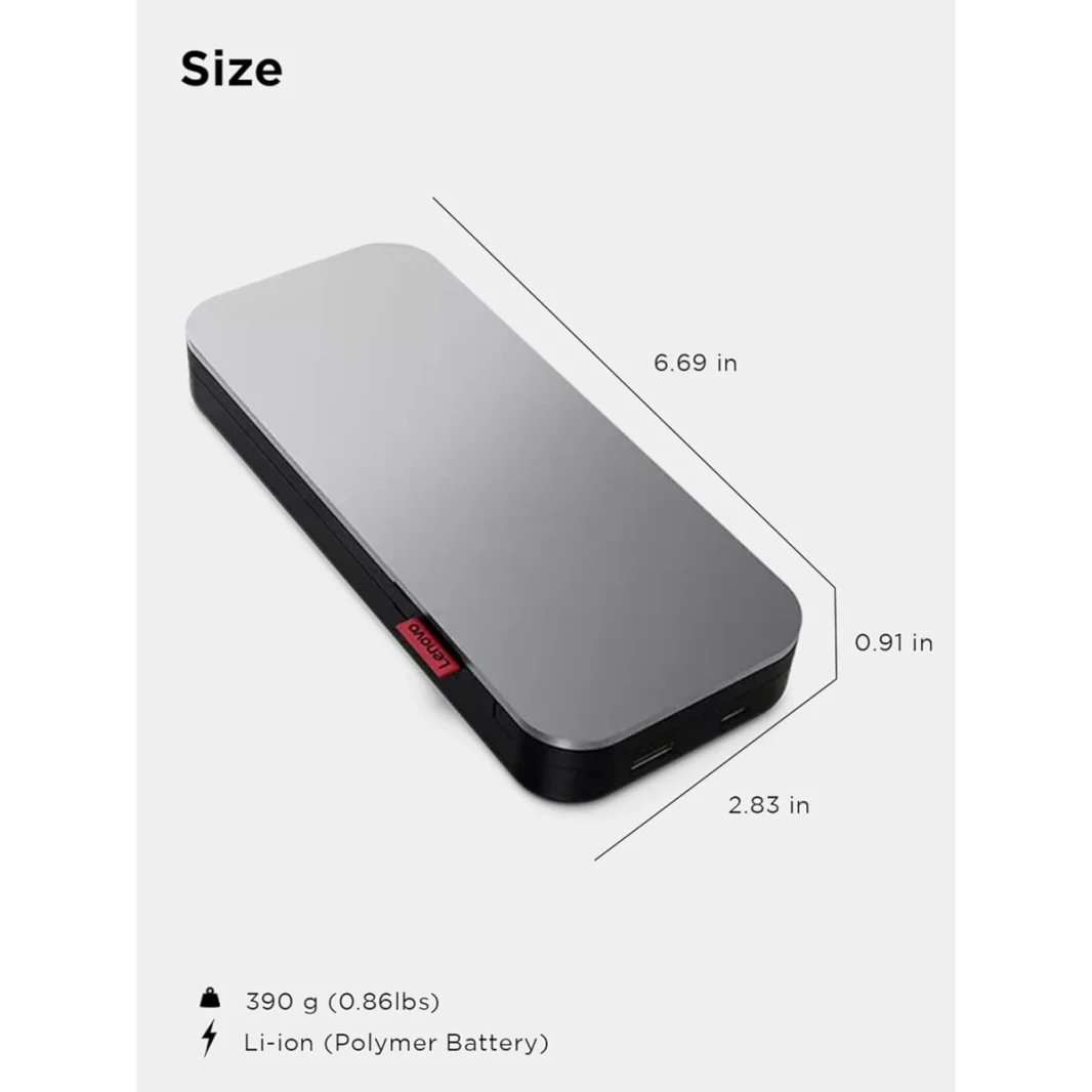 Lenovo Go USB-C Power Bank 20000 MAH 65W USB-C & USB-A POTTS FASTER TARGING PORTABLE PORTALE مع كابل متكامل-Storm Gray
