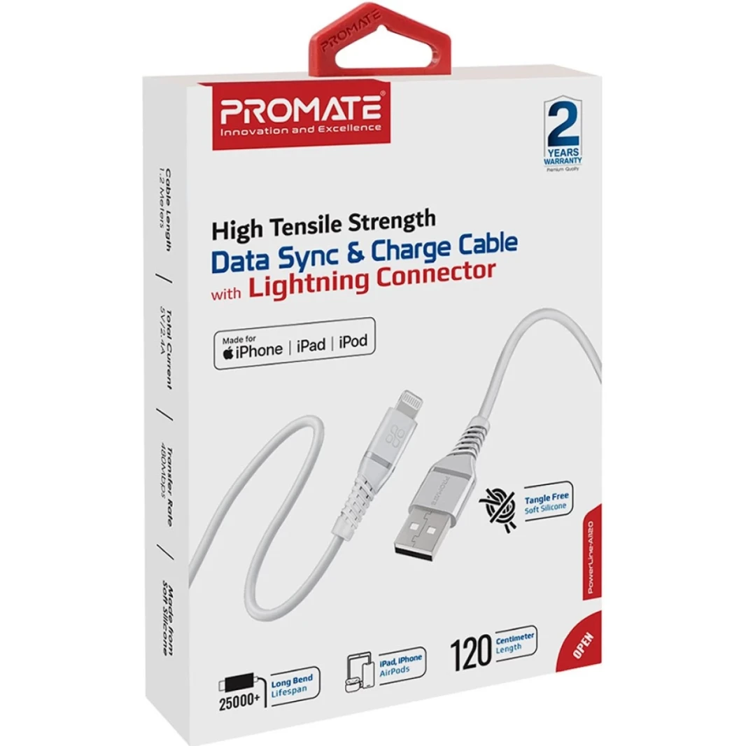 PROMATE USB-A إلى Cable Lightning High Tensile 2.4A Super-Fast USB-A إلى شاحن البرق 120 سم مضاد للتشتل-أبيض
