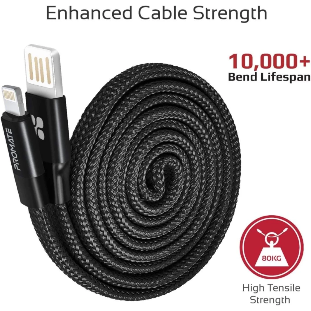 Coiline-I Promate-Auto-toling Lightning Cable Aluminium Aluminy Aluminium rolling Auto-Rolling USB-A إلى الإضاءة 2A الشحن السريع ومزامنة 1.2 متر سلك