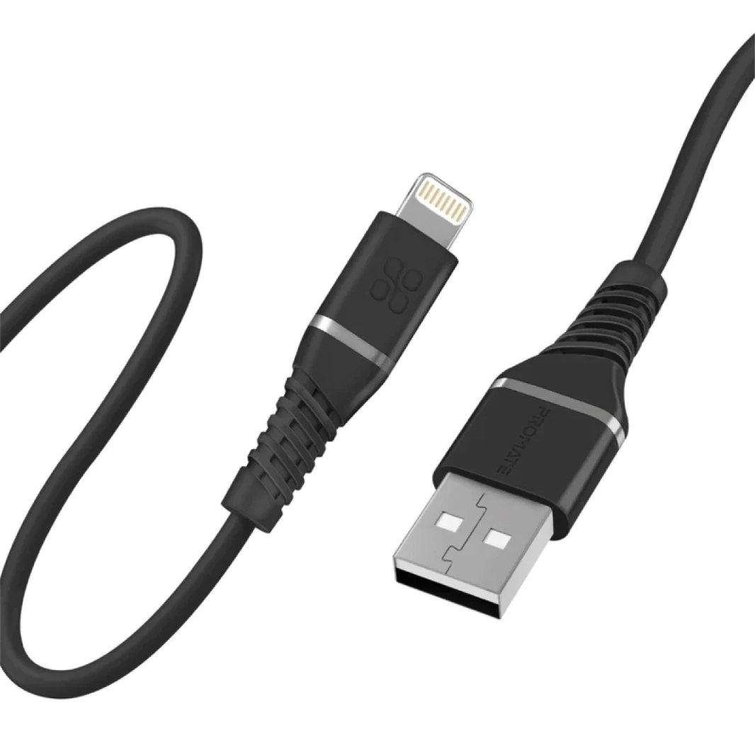 PROMATE USB-A إلى Cable Lightning High Tensile 2.4A Super-Fast USB-A إلى شاحن Lightning 120 سم مضاد للتشتل-أسود