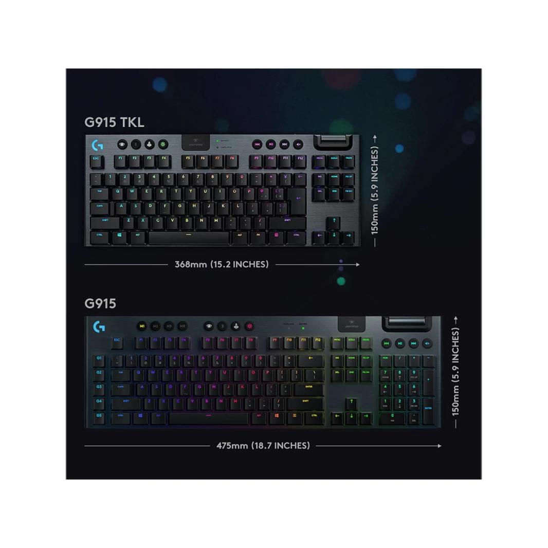 Logitech G915 Tenkeyless Lightspeed Wireless & Bluetooth RGB Mechanical Low Profile Switch Options Lightsync RGB Tactile - Black