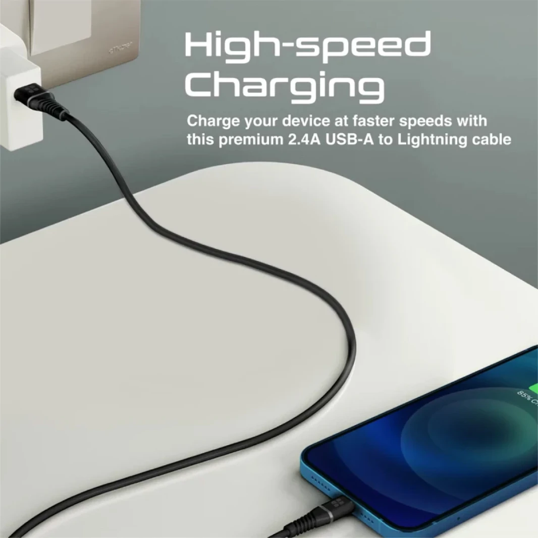 PROMATE USB-A إلى Cable Lightning High Tensile 2.4A Super-Fast USB-A إلى شاحن Lightning 120 سم مضاد للتشتل-أسود