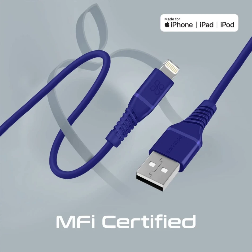 PROMATE USB-A إلى Cable Lightning High Tensile 2.4A Super-Fast USB-A إلى شاحن Lightning 120 سم مضاد للتشتل-أسود