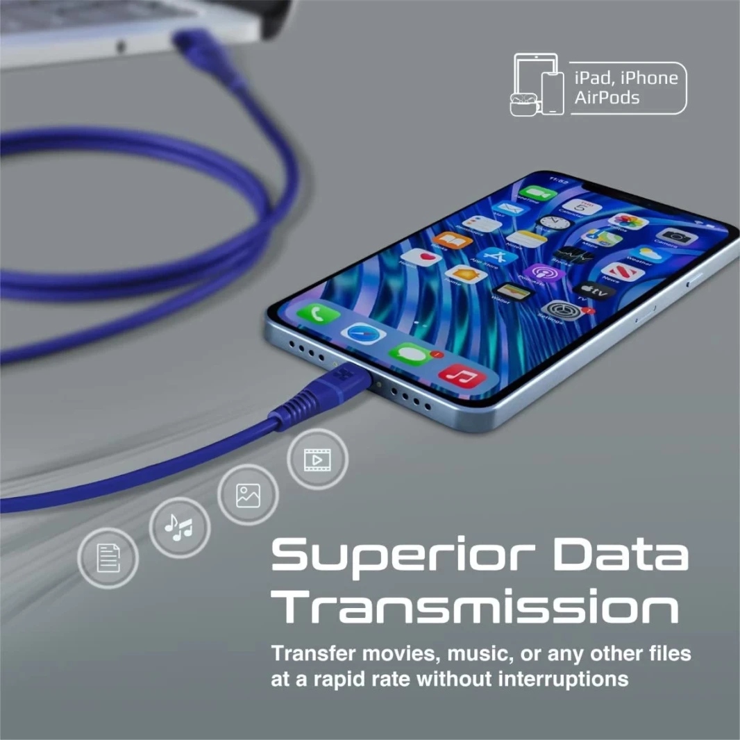 Promate USB-A to Lightning Cable High Tensile 2.4A Super-Fast USB-A to Lightning Charger 120 cm Anti-Tangle Silicone - Blue