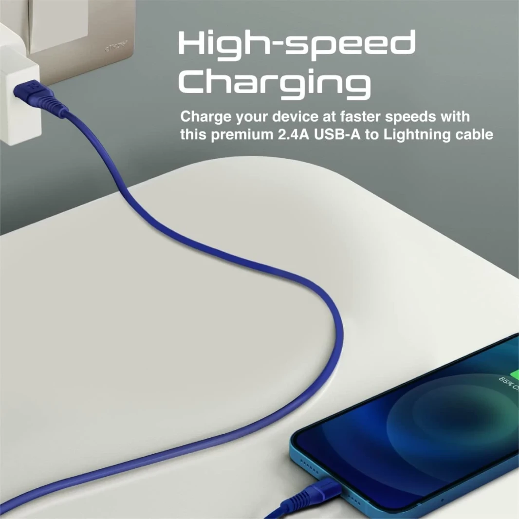 Promate USB-A to Lightning Cable High Tensile 2.4A Super-Fast USB-A to Lightning Charger 120 cm Anti-Tangle Silicone - Blue