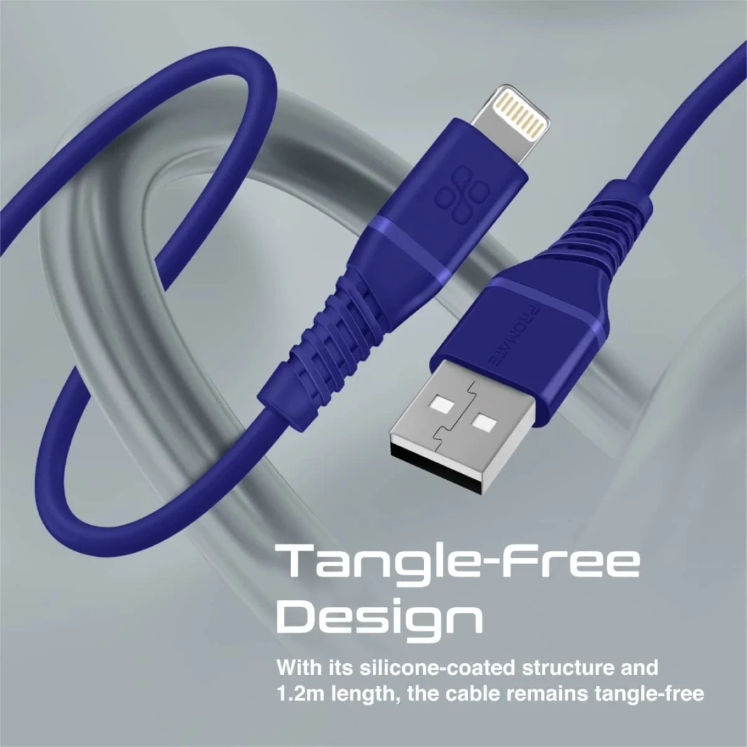 Promate USB-A to Lightning Cable High Tensile 2.4A Super-Fast USB-A to Lightning Charger 120 cm Anti-Tangle Silicone - Blue