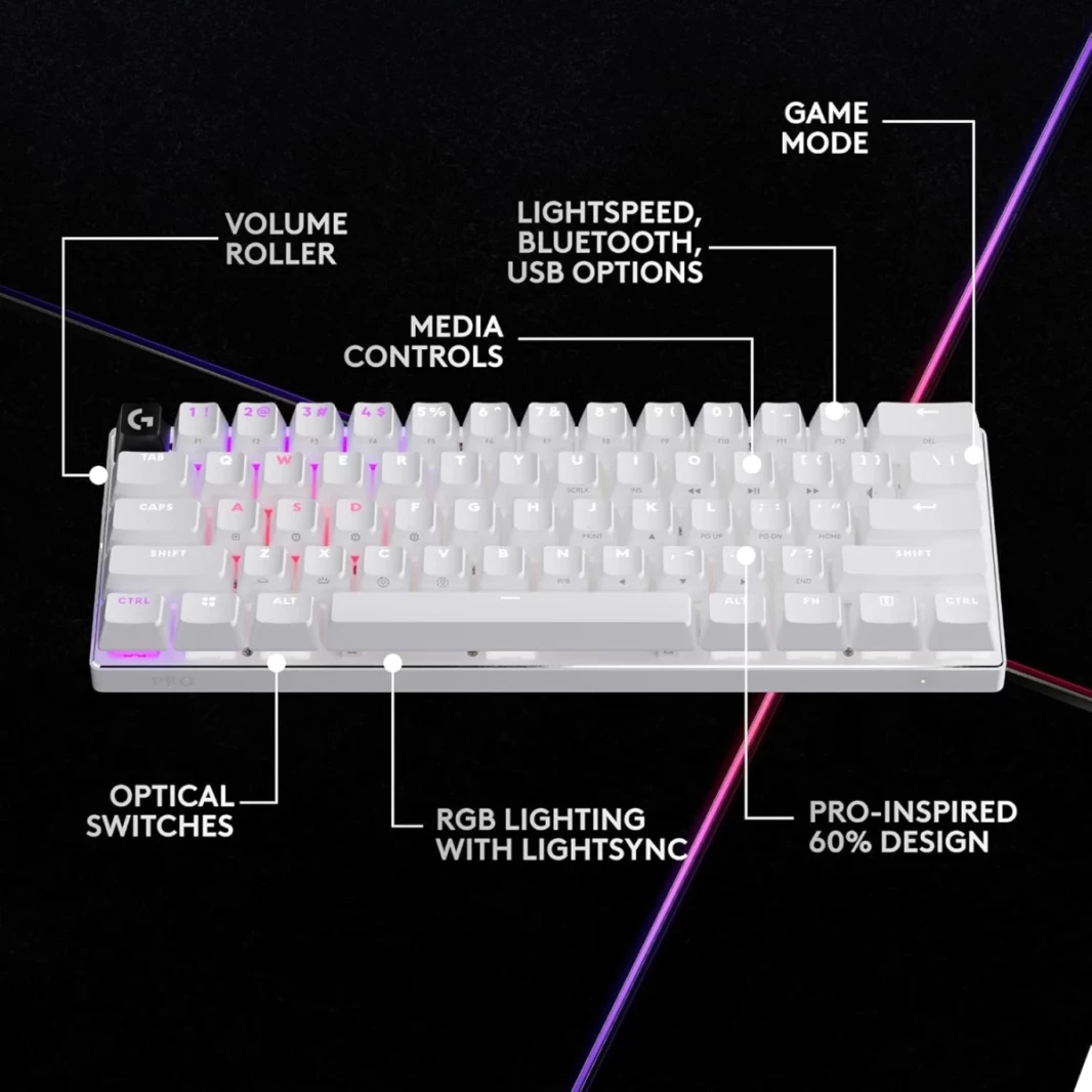 Logitech G Pro X 60 Lightspeed Wireless Ultra Compact TKL 60 ٪ Mechanical Lightsync RGB Dual -Shot PBT Keycaps GX Switches Pantical Switches - White