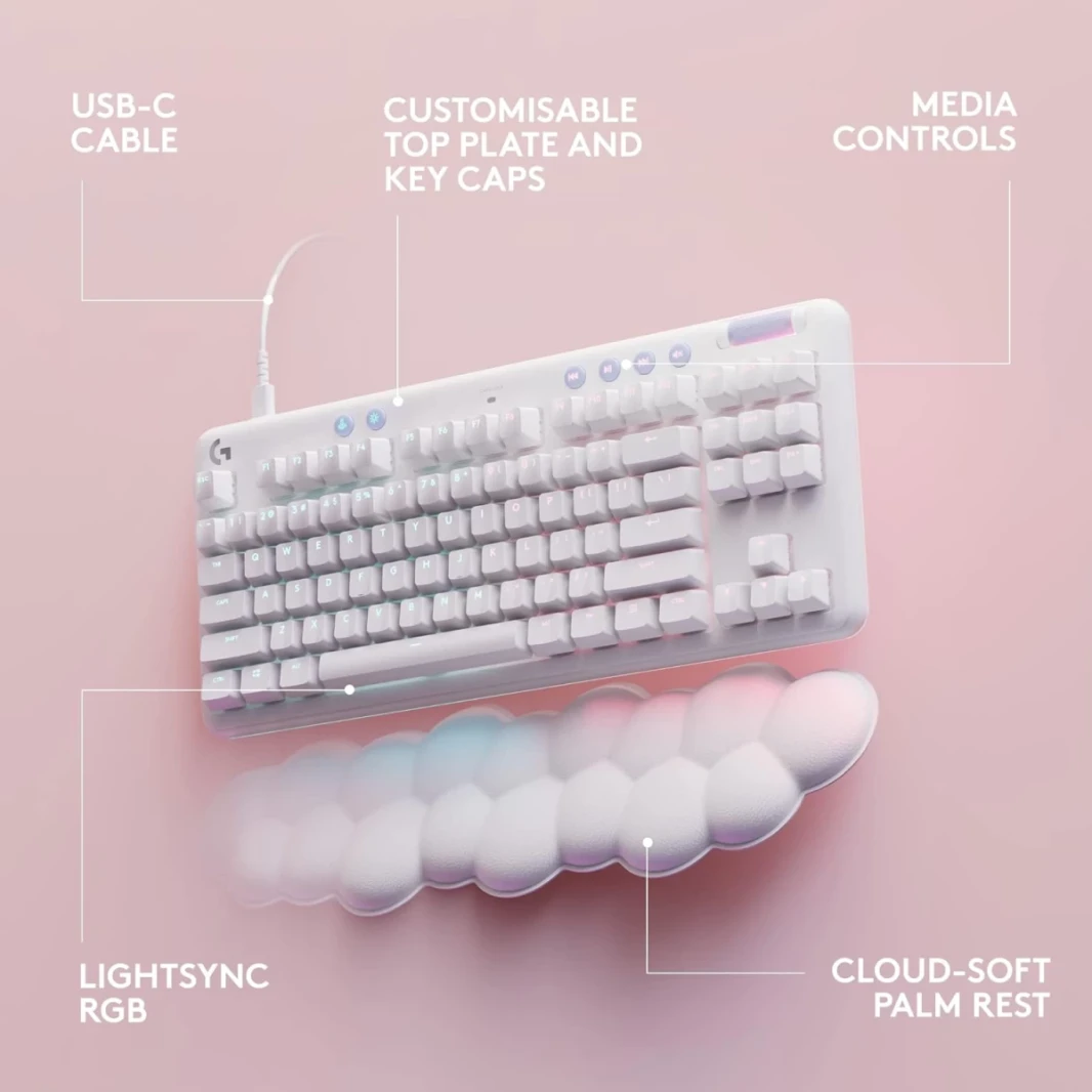 Logitech G713 TKL Wired Mechanical LIGHTSYNC RGB Lighting Linear Switches (GX Red) & Keyboard Palm Rest PC and Mac Compatible - White Mist