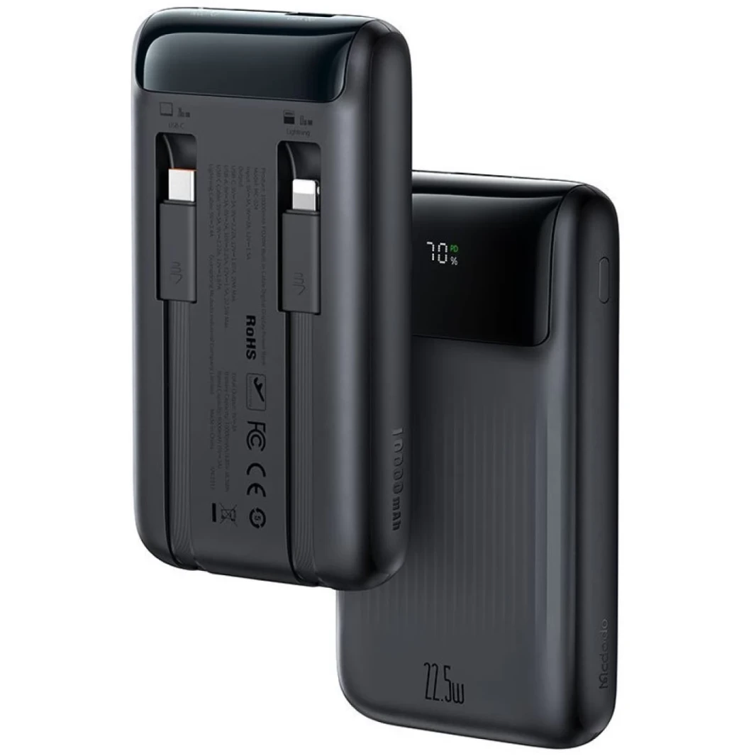 McDodo MC-0241 Power Bank 10000mah 22.5W شحن سريع للغاية مع بناء في النوع C & Lightning Cable Smart Digital Division-Black