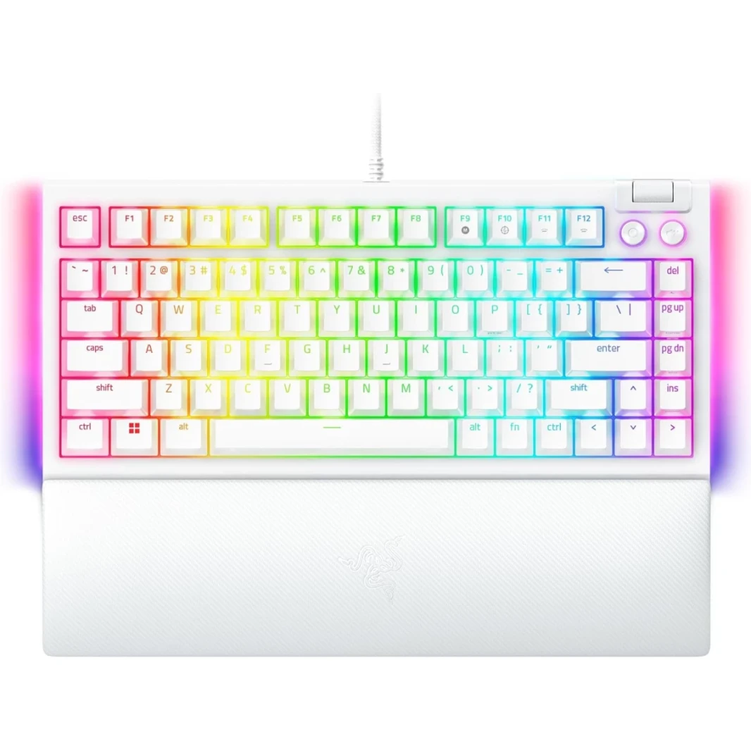 Razer Blackwidow V4 75 ٪ ميكانيكية مضغوطة ودائمة متينة chroma MF و Media Keys مفاتيح برتقالية اللمس البرتقالي - أبيض