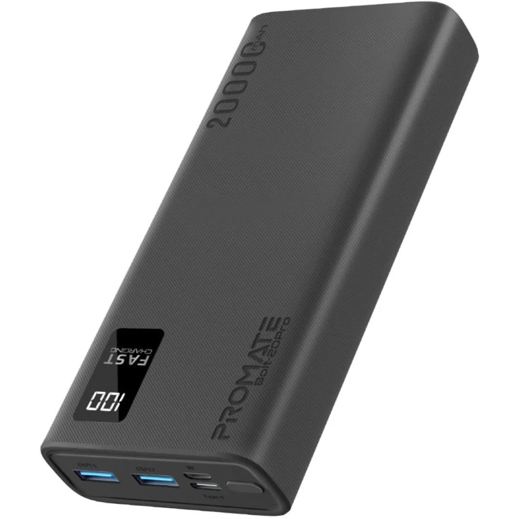 Promate Bolt-20Pro 20000Mah Slim Power Bank Dual USB 10W Type-C Smart LED Display & Safe Adaptive Charging for Smartphones - Black