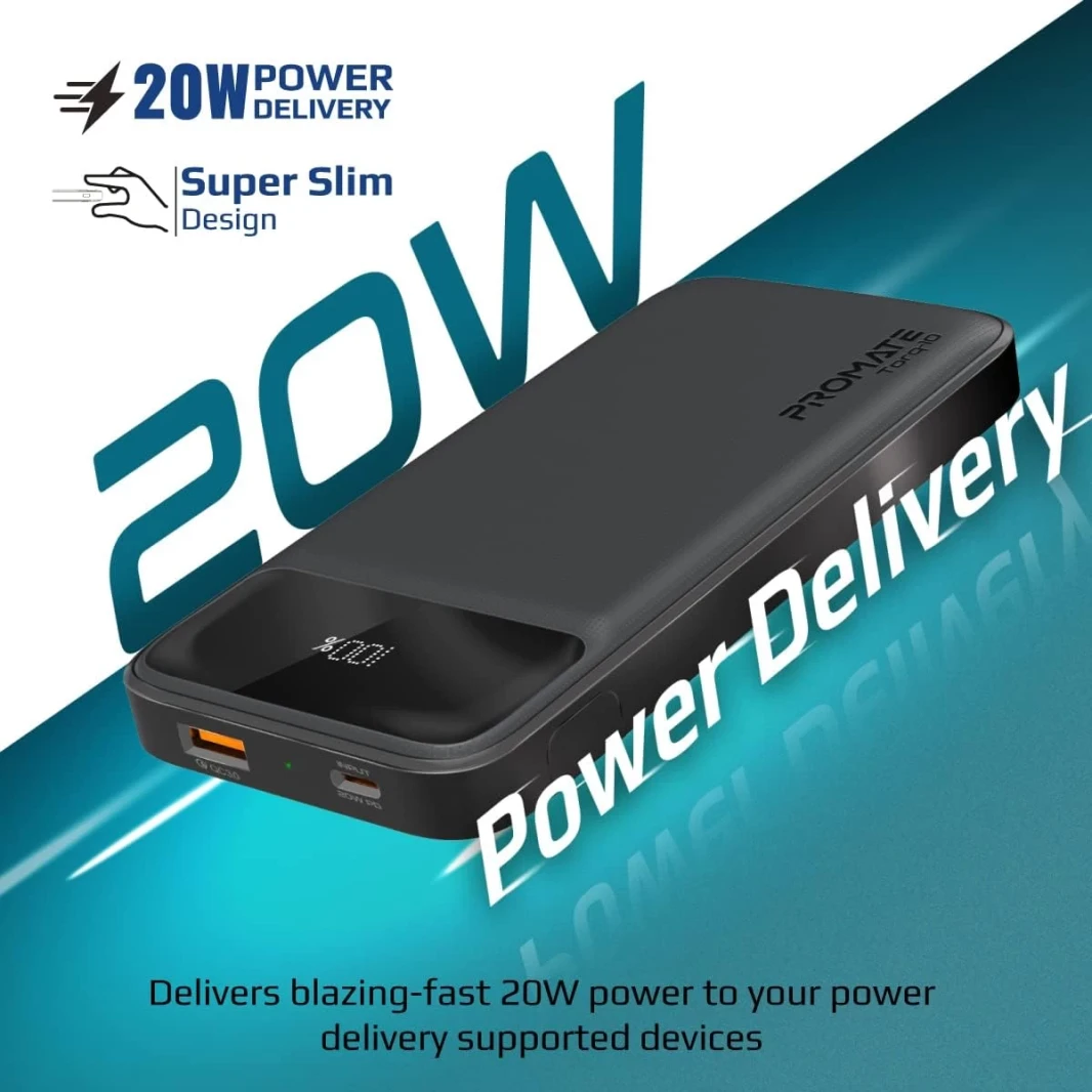 Promate Torq-10 Power Bank Universal 10000mAh Ultra-Slim 20W USB-C Port QC 3.0 18W Port Built-In Kickstand LCD Screen & Over-Heating Protection