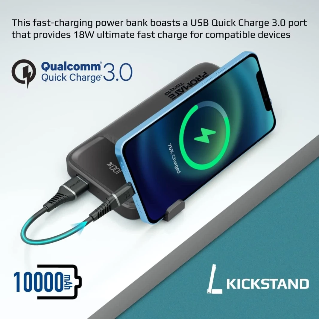 Promate Torq-10 Power Bank Universal 10000mAh Ultra-Slim 20W USB-C Port QC 3.0 18W Port Built-In Kickstand LCD Screen & Over-Heating Protection
