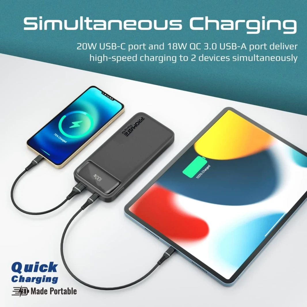 Promate Torq-10 Power Bank Universal 10000mAh Ultra-Slim 20W USB-C Port QC 3.0 18W Port Built-In Kickstand LCD Screen & Over-Heating Protection