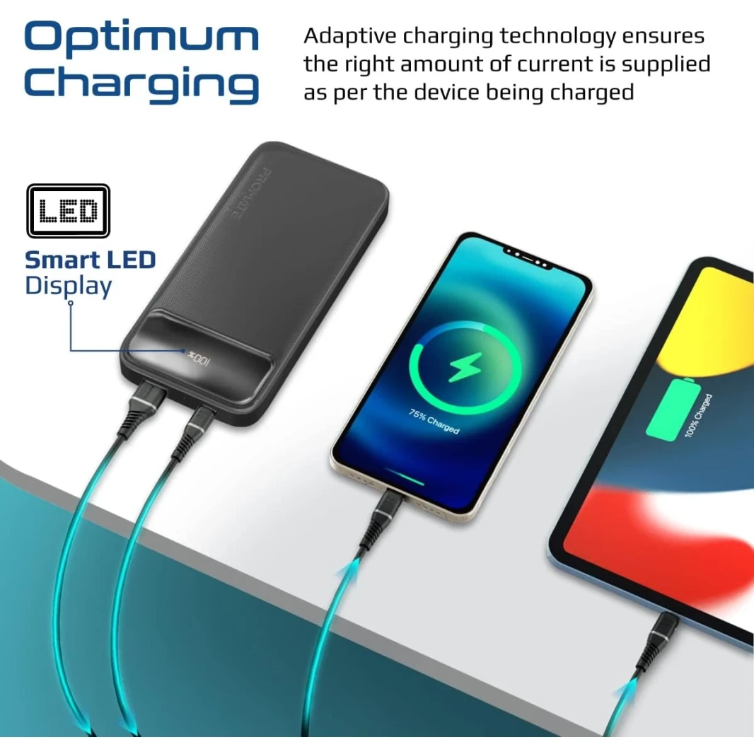 Promate Torq-10 Power Bank Universal 10000mAh Ultra-Slim 20W USB-C Port QC 3.0 18W Port Built-In Kickstand LCD Screen & Over-Heating Protection