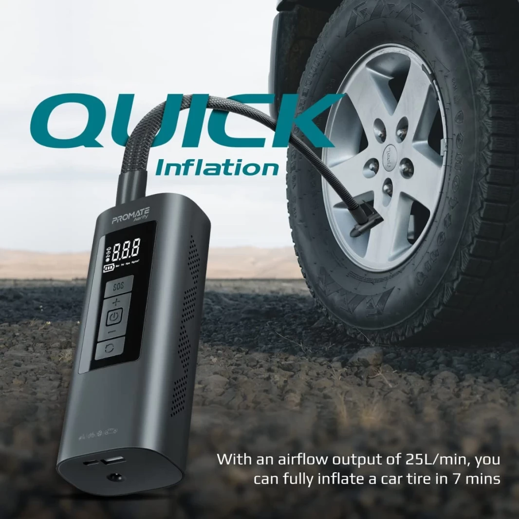 PROMATE Aerify 4-in-1 مضخة الهواء الكهربائية المضغوطة W/ 6000mAh بنك الطاقة 150PSI LED LED SOS HARMER و TPMS المدمجة لإطارات السيارات