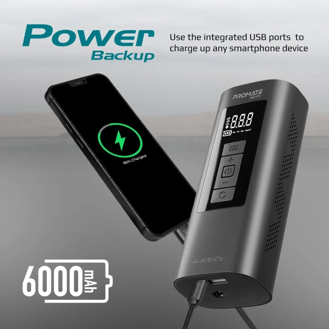 PROMATE Aerify 4-in-1 مضخة الهواء الكهربائية المضغوطة W/ 6000mAh بنك الطاقة 150PSI LED LED SOS HARMER و TPMS المدمجة لإطارات السيارات