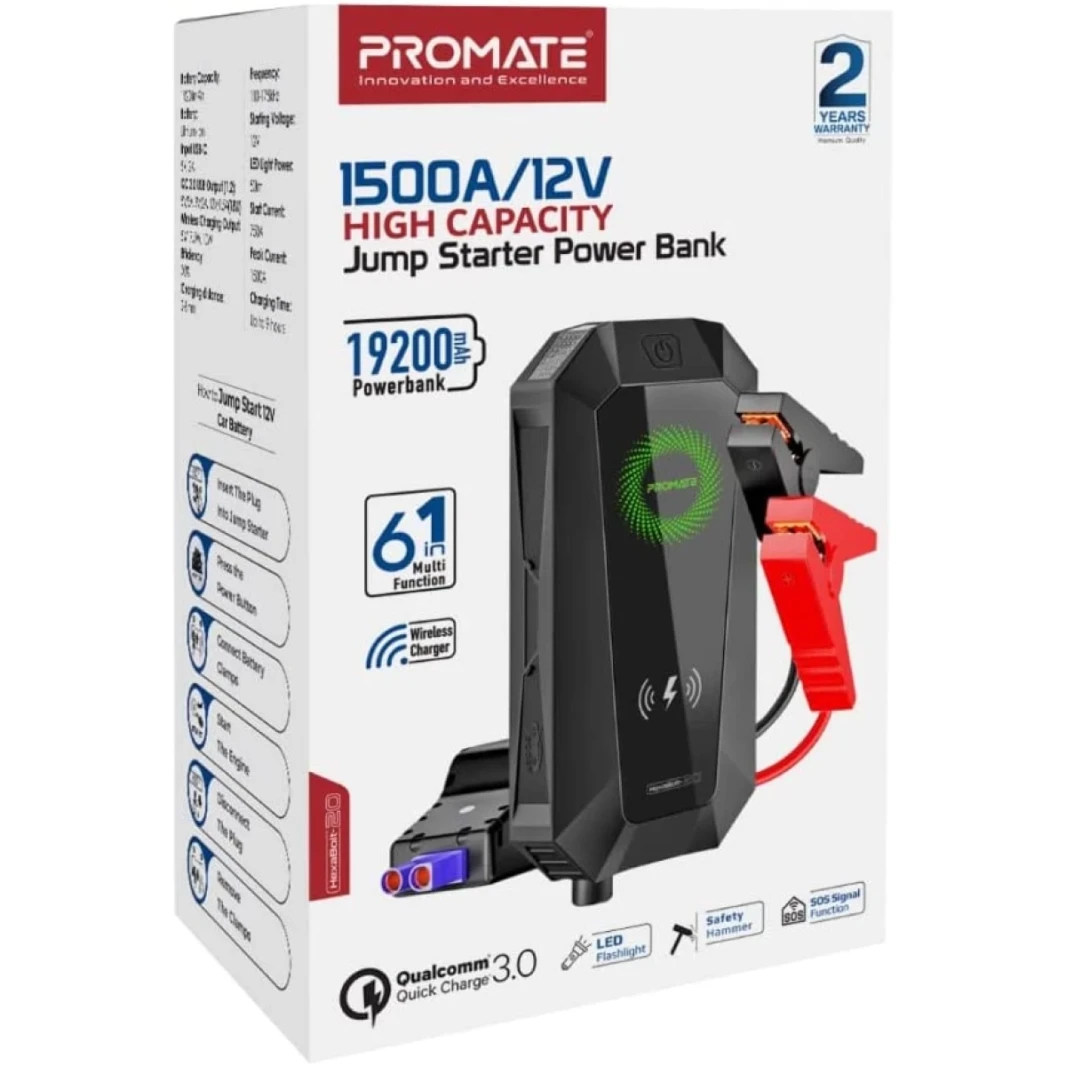 PROMATE HEXABOLT 20 1500A/ 12V CAR JUMP Starter W/ 19200MAH POWER BANK 10W QI Charger Dual QC 3.0 Ports - Black