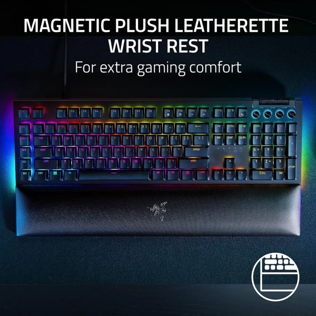 Razer Blackwidow V4 Mechanical 6 مفاتيح ماكرو مخصصة معصم مغناطيسي راحة DoubleShot ABS مفاتيح صفراء - أسود