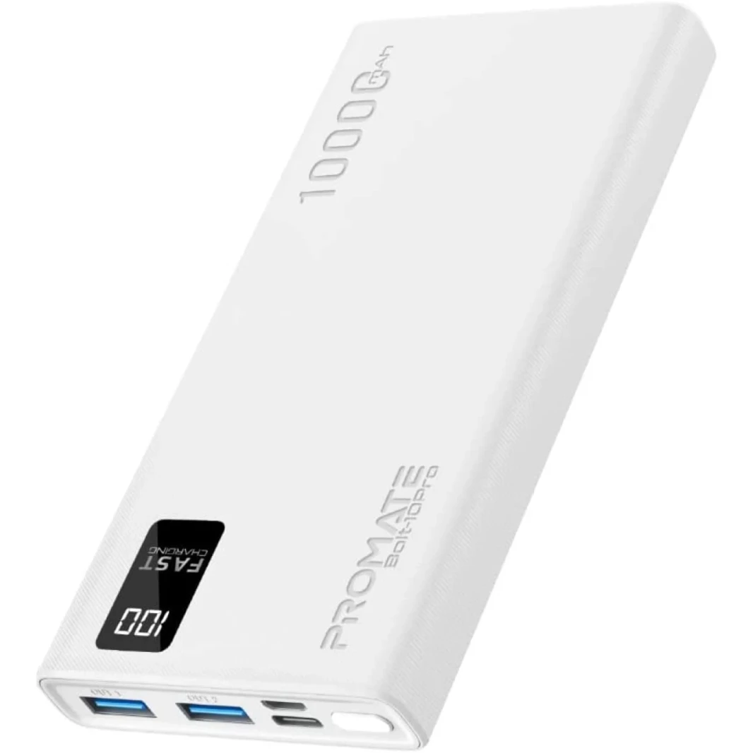 Promate Bolt-10Pro Power Bank 10000mAh Ultra-Slim 10W USB-C Input/Output Dual USB LED Screen Over-Heating Protection - White