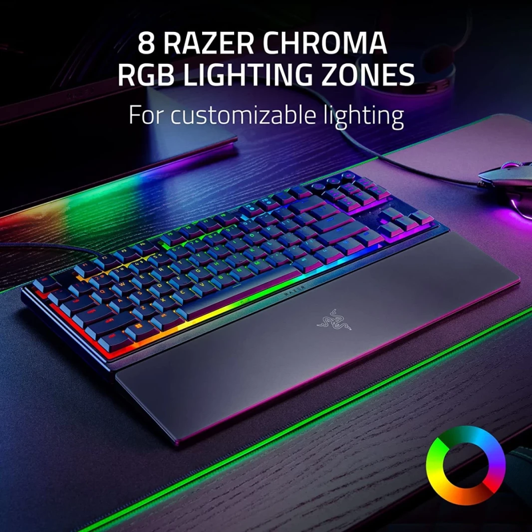 Razer Ornata V3 TKL مفاتيح منخفضة البرودة مفاتيح Mecha-Memmbrane مفاتيح أسطوانات أسطوانة خلفية 8-Zone RGB الإضاءة المقاومة مع WREST WREST