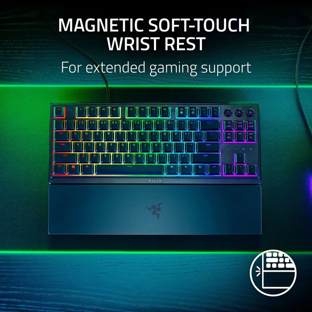 Razer Ornata V3 TKL مفاتيح منخفضة البرودة مفاتيح Mecha-Memmbrane مفاتيح أسطوانات أسطوانة خلفية 8-Zone RGB الإضاءة المقاومة مع WREST WREST