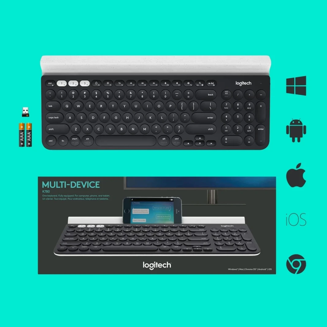 Logitech K780 Bluetooth متعدد الأجهزة لهاتف الكمبيوتر والكمبيوتر اللوحي التحكم عبر الحاسوب متوافق-اللغة الإنجليزية