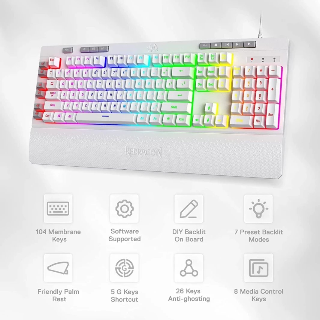 Redragon K512 Shiva RGB مفاتيح Multimedia MultiMeDia 6 مفاتيح ماكرو مدمجة - أبيض