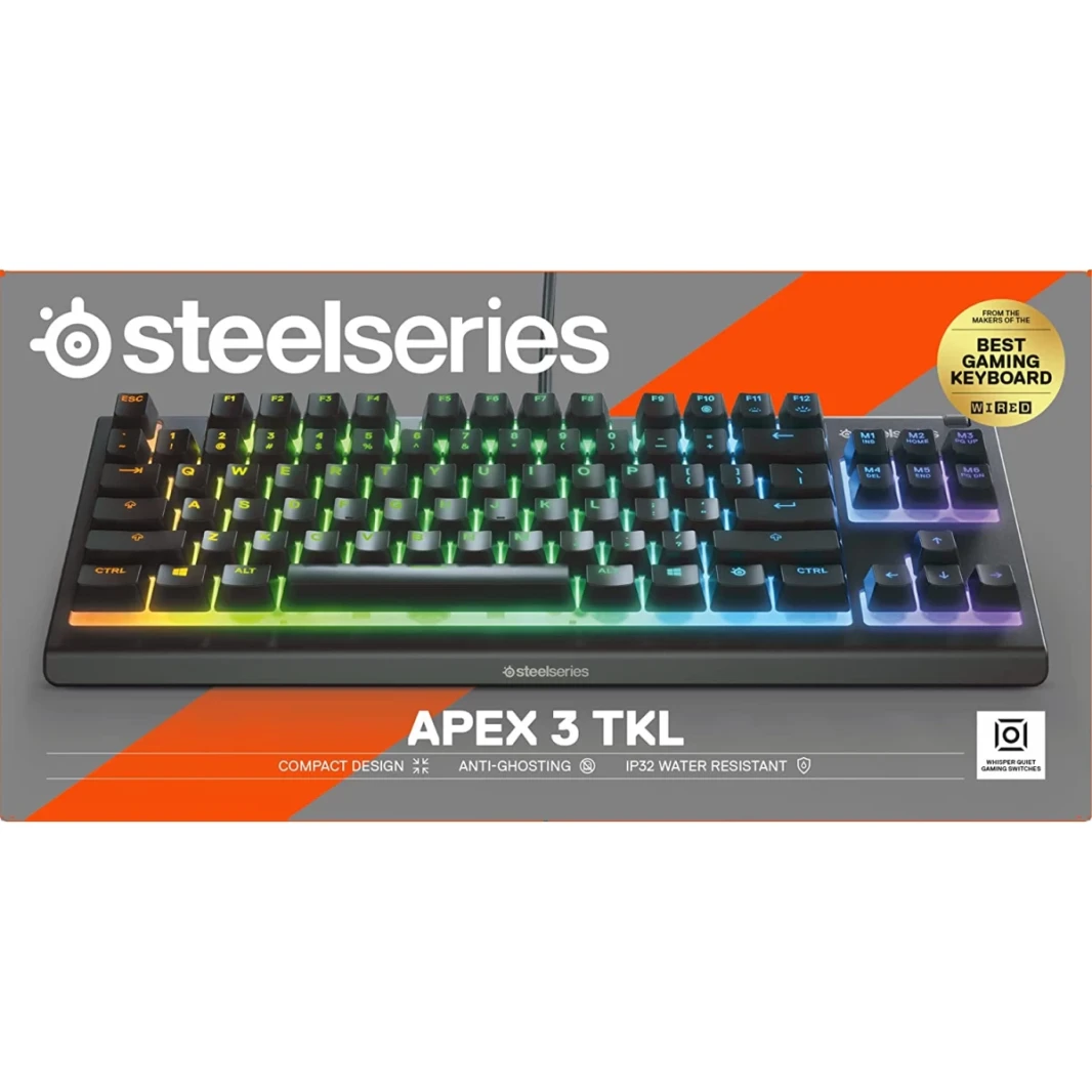 SteelSeries Apex 3 TKL RGB Gaming Keyboard – Tenkeyless Compact Form Factor - 8-Zone RGB Illumination – IP32 Water & Dust Resistant – Whisper Quiet Gaming Switch – Gaming Grade Anti-Ghosting,Black