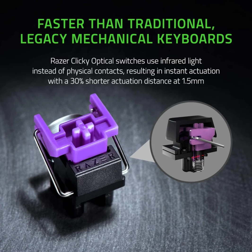 Razer Huntsman Mini 60 ٪ Clicky Optical-Mechanical Switches Doubleshot PBT Keycaps كابل USB-C القابل للفصل (التبديل الأرجواني)-أسود