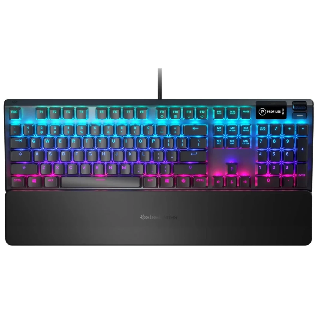 steelseries USB Apex 5 لوحة مفاتيح ألعاب ميكانيكية هجينة-إضاءة RGB لكل مفتاح-إطار سبيكة الألومنيوم من طائرة-شاشة OLED الذكية (مفتاح هجين أزرق)