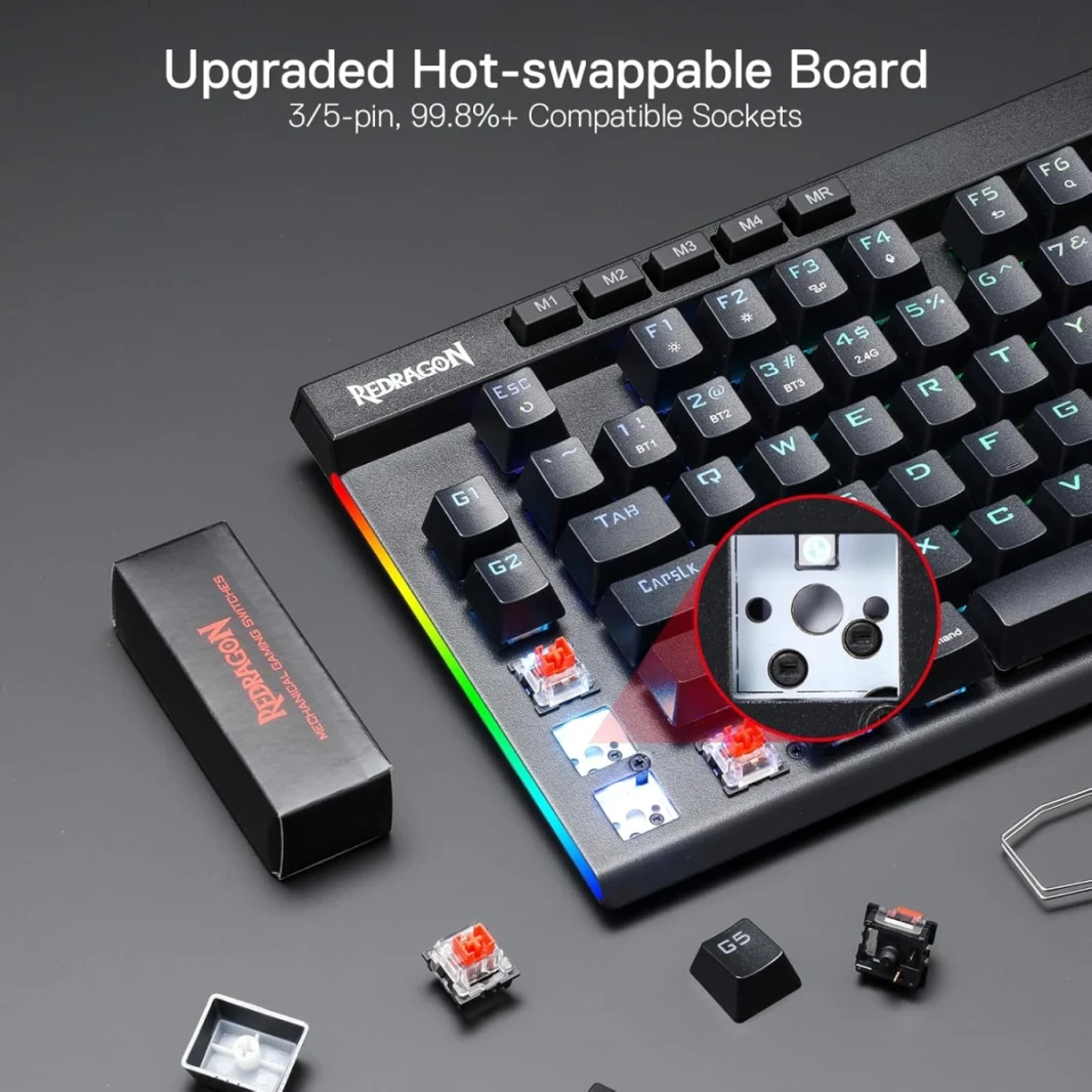 Redragon K587 Pro TKL RGB 3-mode اللاسلكي الميكانيكية 87 مفاتيح مفاتيح ألعاب ، 9 مفاتيح ماكرو مخصصة ، التحكم في الوسائط مع الراحة المعصم القابلة للفصل ، مفاتيح حمراء خطية ساخنة.