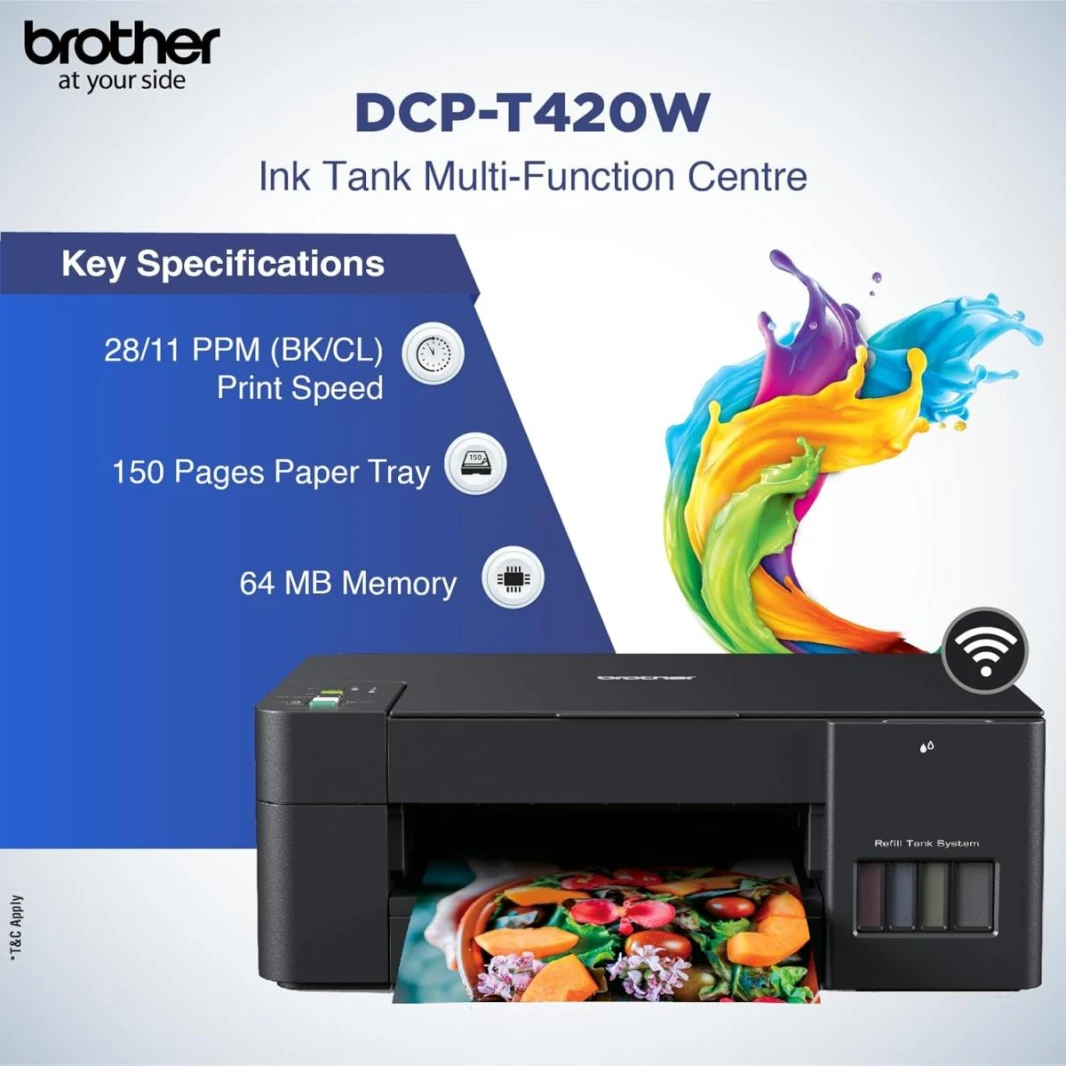 Brother Ink Tank Color DCP-T420W Printer 3in1 7500/5000 pages (black/colour) Wireless & Mobile Printing For Home Users