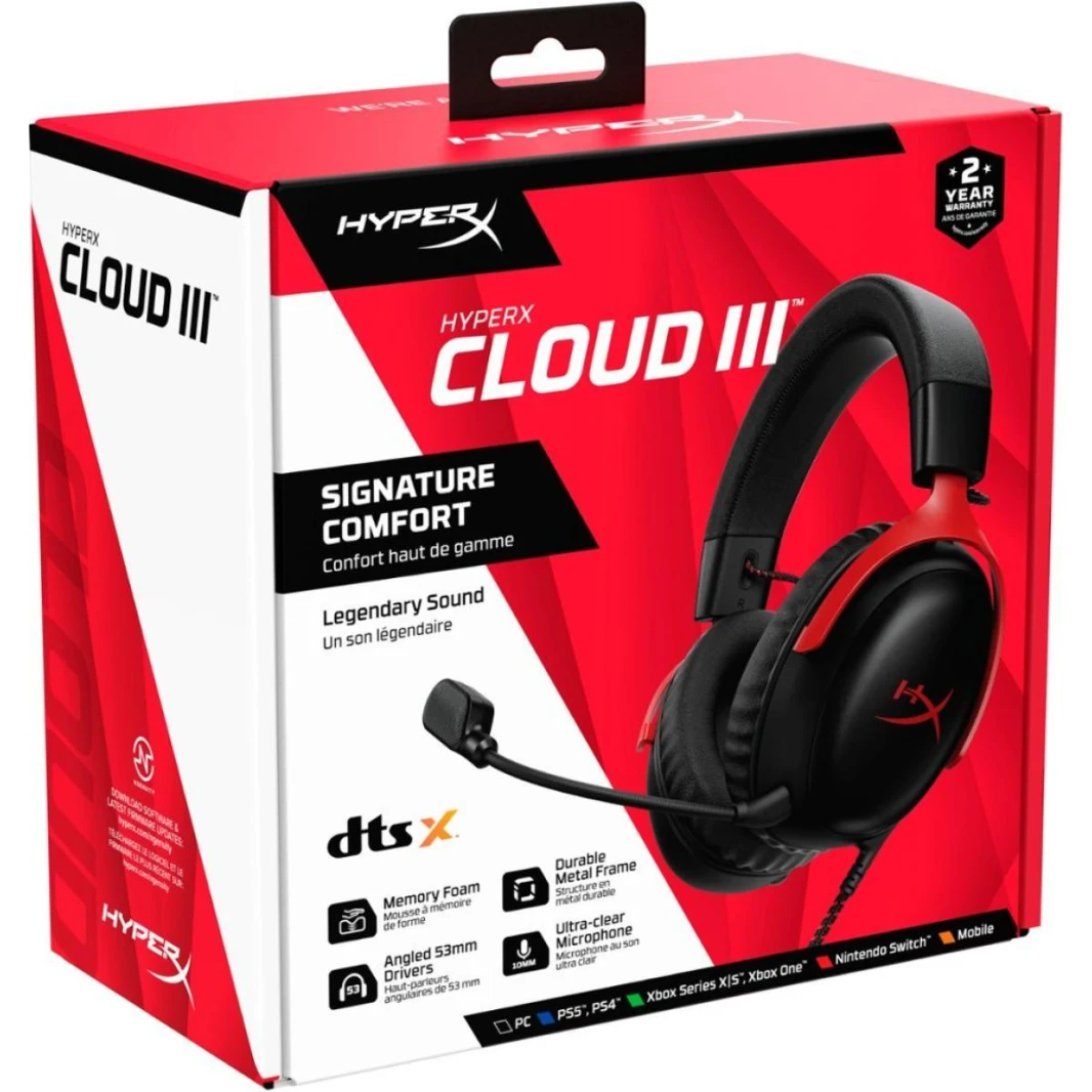 HyperX Cloud III - Gaming Headset  7.1 Virtual Surround Sound for PC / PS4 / Mac / Mobile (Black/Red) - NEW 2023