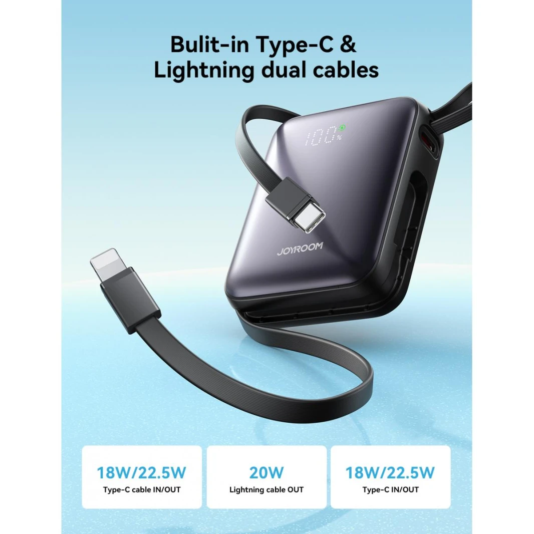JOYROOM JR-PBF27 10000mAh Mini Power Bank 22.5W Fast Charging with Built-In Type-C & Lightning Dual Cables - 18 Month Warranty
