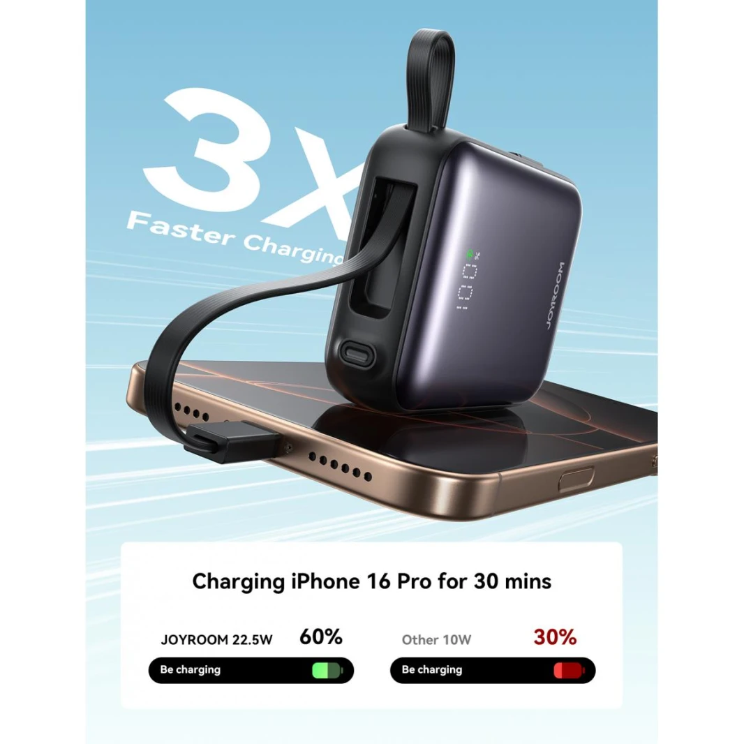 JOYROOM JR-PBF27 10000mAh Mini Power Bank 22.5W Fast Charging with Built-In Type-C & Lightning Dual Cables - 18 Month Warranty