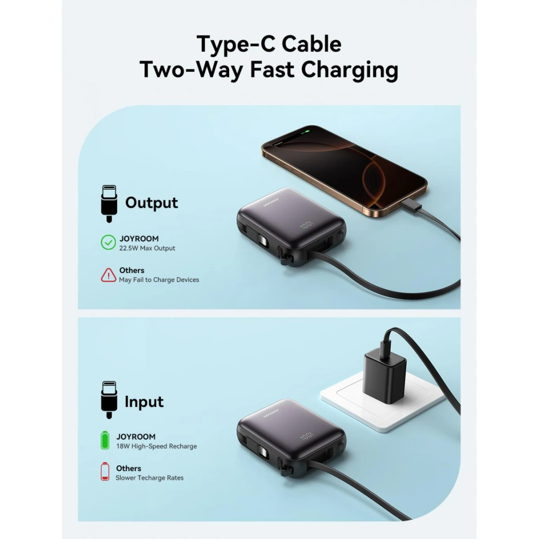 JOYROOM JR-PBF27 10000mAh Mini Power Bank 22.5W Fast Charging with Built-In Type-C & Lightning Dual Cables - 18 Month Warranty