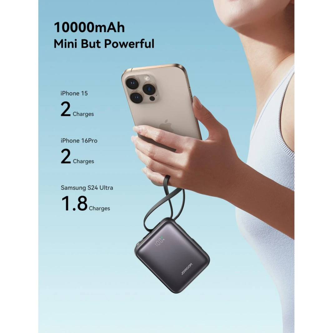 JOYROOM JR-PBF27 10000mAh Mini Power Bank 22.5W Fast Charging with Built-In Type-C & Lightning Dual Cables - 18 Month Warranty