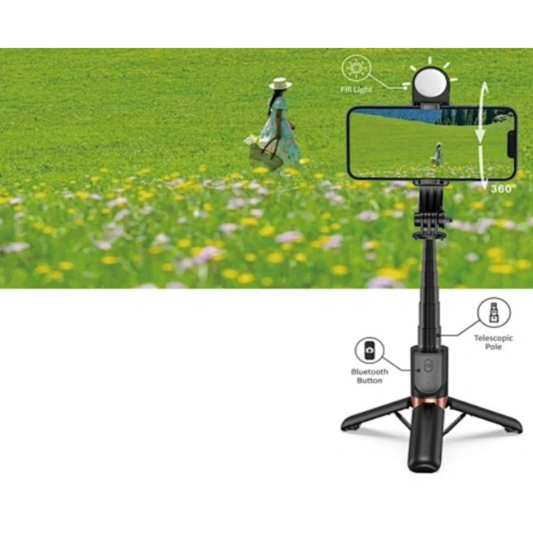 WiWU mini portable selfie stick with remote control wireless bleutooth Selfie stick for photo SE011 with beauty Light - 18 Month Warranty