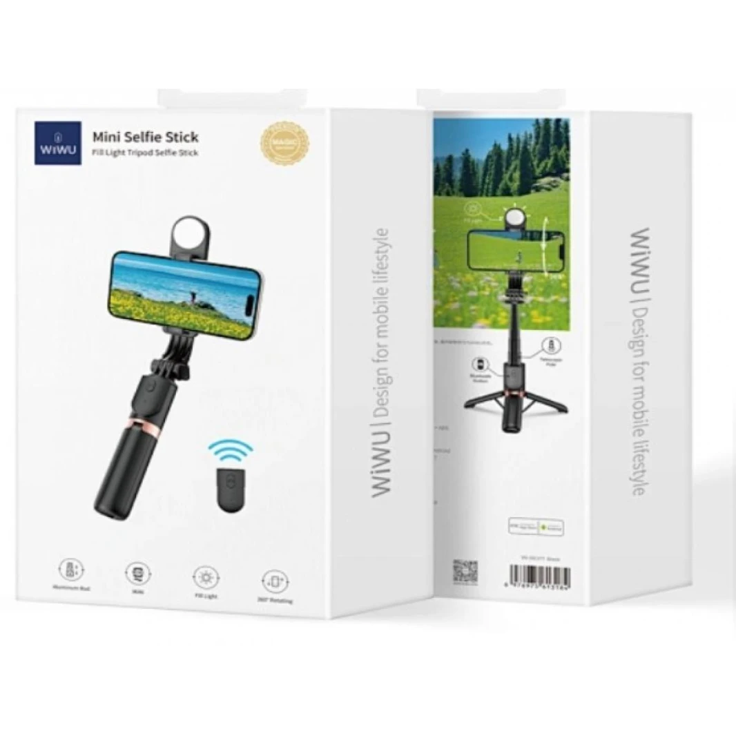 WiWU mini portable selfie stick with remote control wireless bleutooth Selfie stick for photo SE011 with beauty Light - 18 Month Warranty