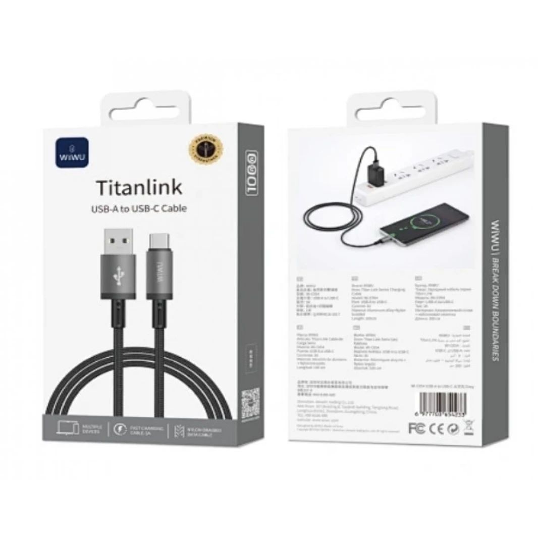 WiWU 1M Aluminum alloy Nylon braided TITAN LINK Series Charging Cable with USBA to Type C - Black