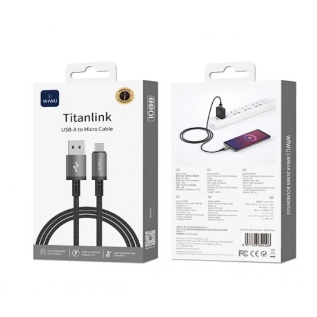 WiWU 1M Aluminum alloy Nylon braided TITAN LINK Series Charging Cable with USB A to Micro - Black