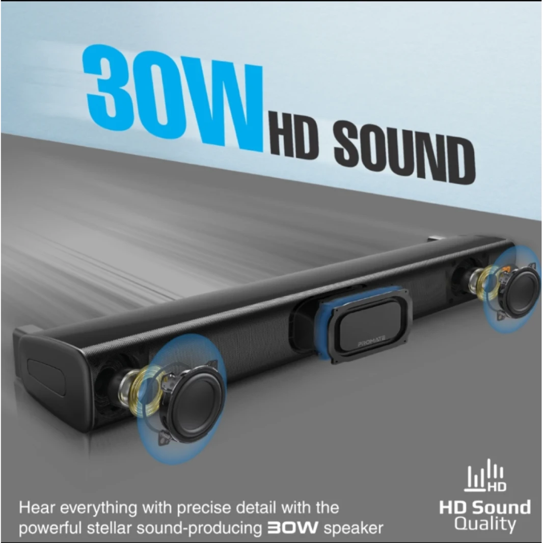 Promate StreamBar-30 Soundbar Speaker, 30W HD Bluetooth Speaker with 10W Subwoofer, Multipoint Pairing, Remote Control