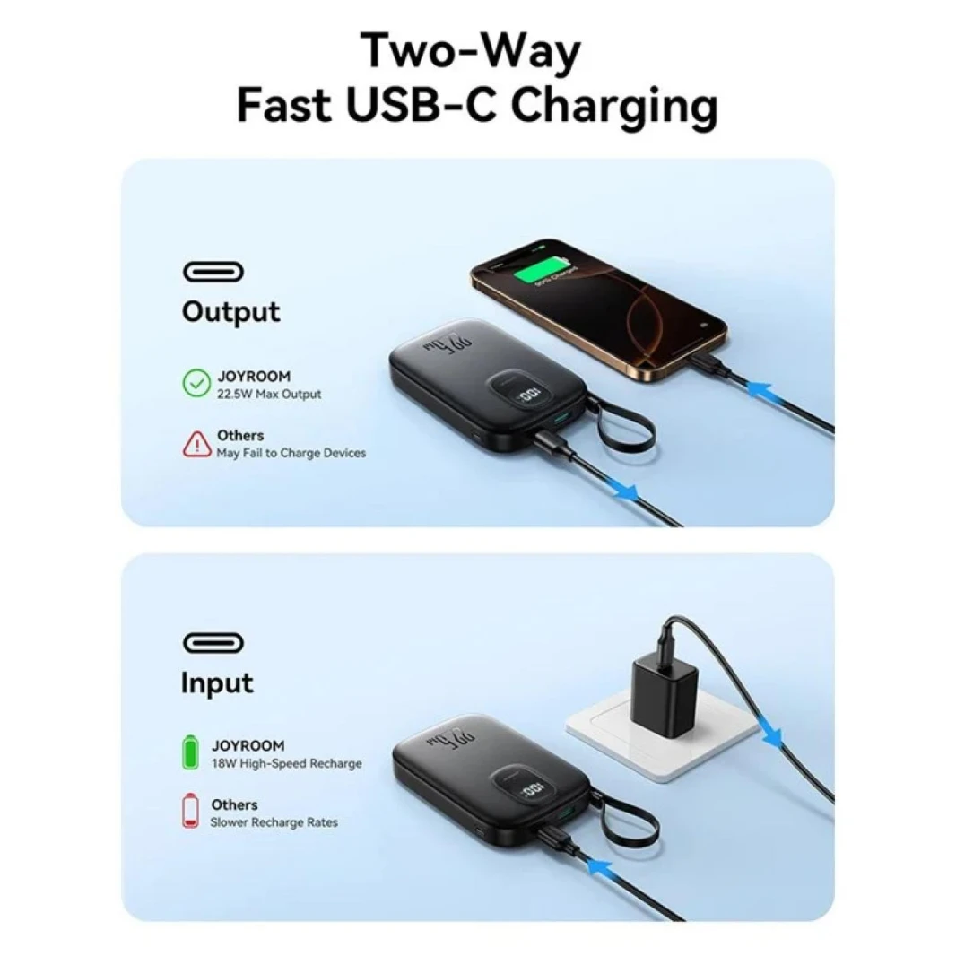 JOYROOM JR-PBF17 10000mAh Mini Power Bank 22.5W Fast Charging Battery with Built-In Type-C Cable - 18 Month Warranty