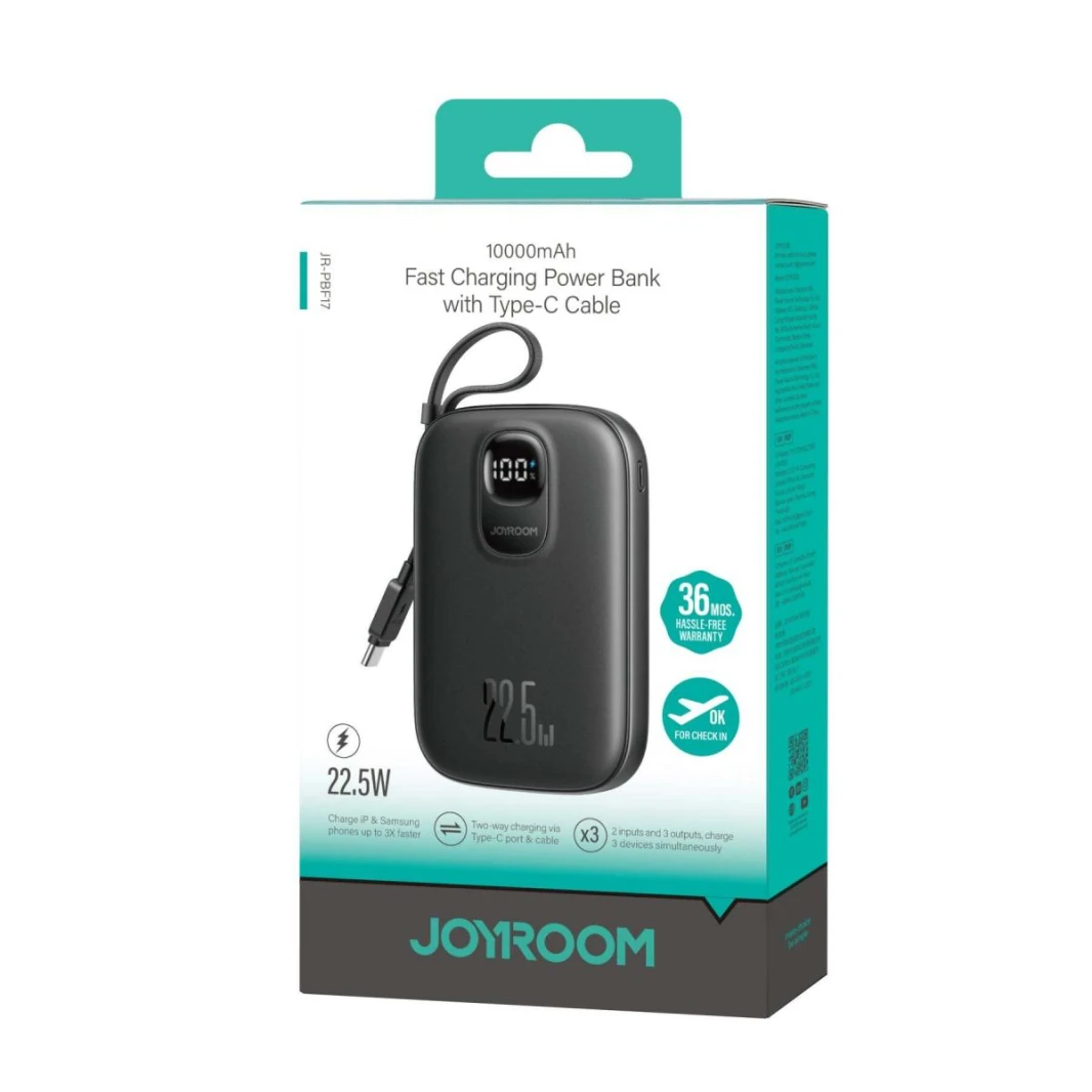JOYROOM JR-PBF17 10000mAh Mini Power Bank 22.5W Fast Charging Battery with Built-In Type-C Cable - 18 Month Warranty