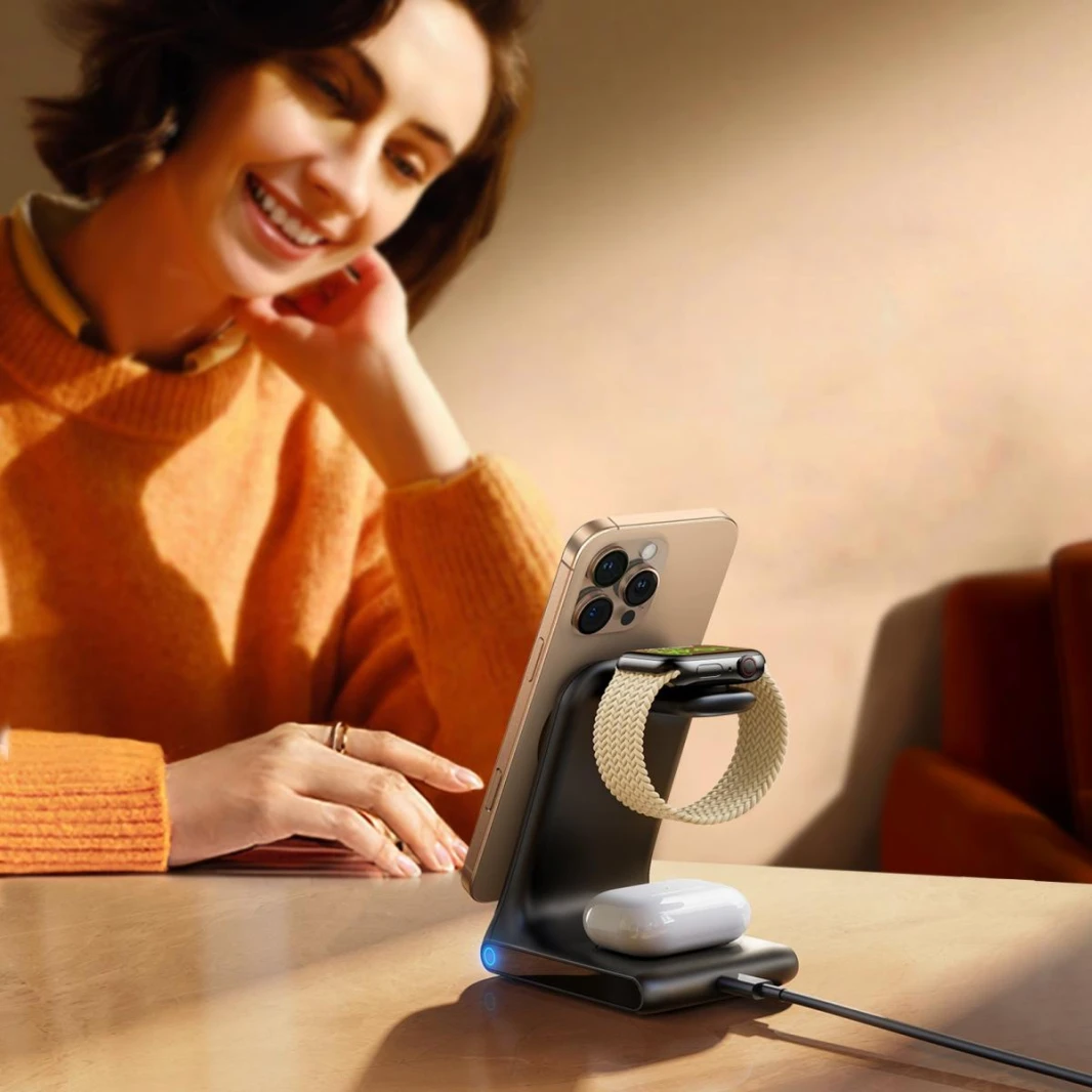 JOYROOM JR-W15 3-in-1 Wireless Charging Station, Ultra Stable, Space-Saving for Phone, Watch & Earbuds - 18 Months Warranty