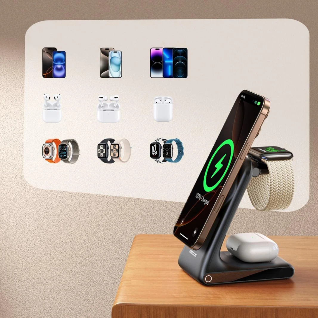 JOYROOM JR-W15 3-in-1 Wireless Charging Station, Ultra Stable, Space-Saving for Phone, Watch & Earbuds - 18 Months Warranty
