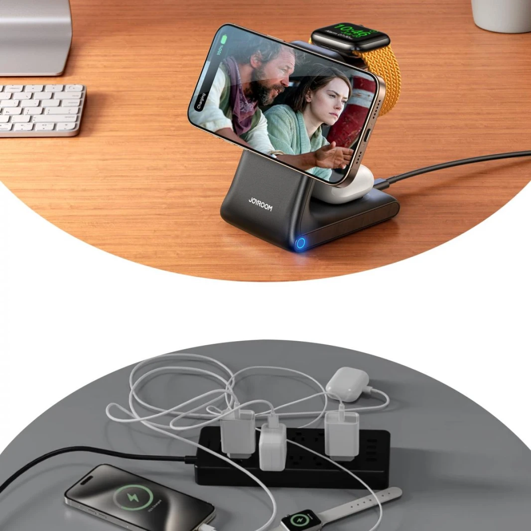 JOYROOM JR-W15 3-in-1 Wireless Charging Station, Ultra Stable, Space-Saving for Phone, Watch & Earbuds - 18 Months Warranty