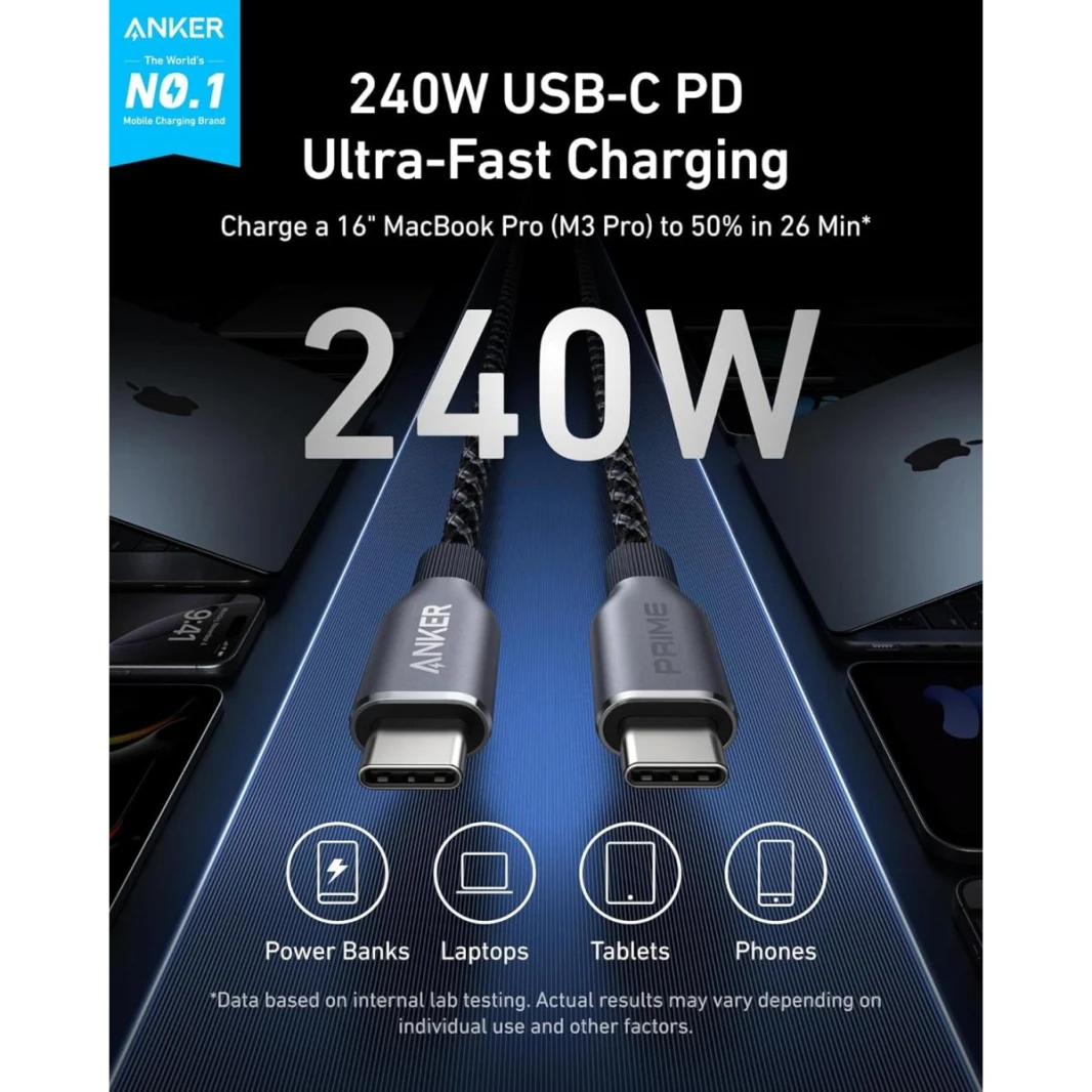 Anker Prime USB C to USB C Cable, 240W 3ft Fast Charging USB C Cable, Upcycled-Braided Nylon w/ Bend Durability, USB 2.0 Cable for iPhone 16, MacBook - 18 Month Warranty