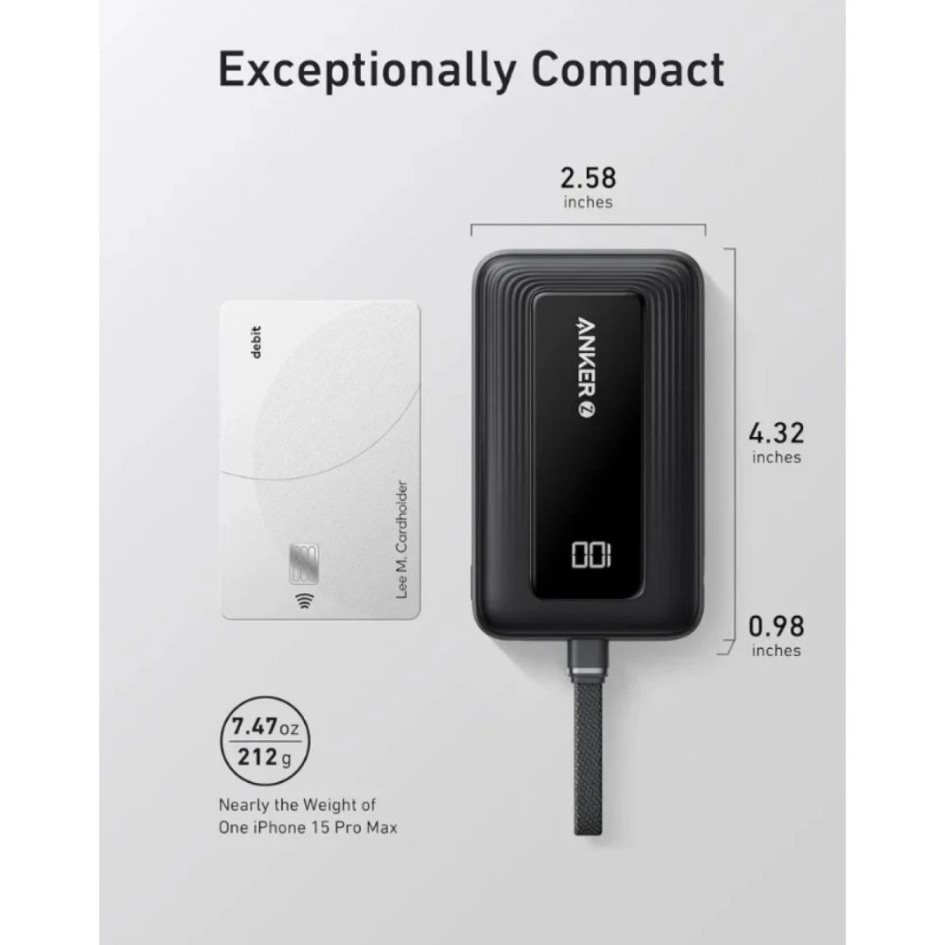 Anker Zolo Power Bank 20000mAh 30W Portable Charger with Built-in USB C Cable A1689 (Blue) - 18 Month Warranty